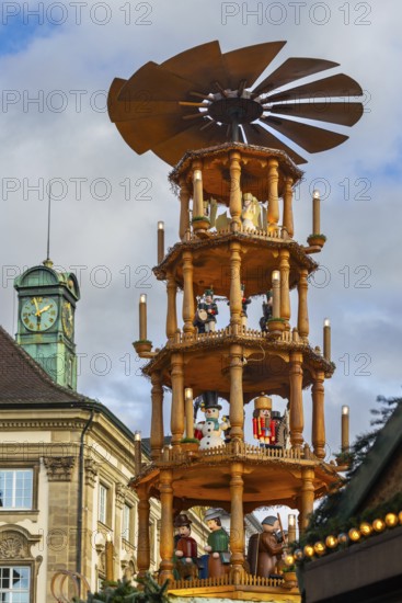 Christmas pyramid in front of clock tower at registry office, Christmas market, city of Esslingen, district of Esslingen, Baden-WÃ¼rttemberg, Germany