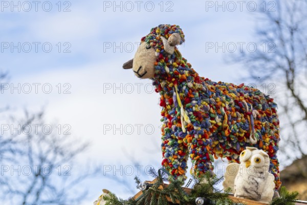 Wool sheep on Christmas market stand, Christmas market, city of Esslingen, district of Esslingen, Baden-WÃ¼rttemberg, Germany