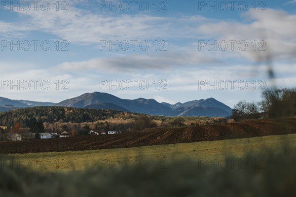Extensive landscape with mountains in the background under clear blue sky, Ternitz, Lower Austria, Austria