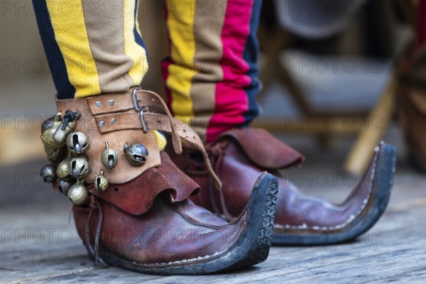 Pointed shoes, musical bells on the leg, medieval clothing, medieval market, city of Esslingen, district of Esslingen, Baden-WÃ¼rttemberg, Germany