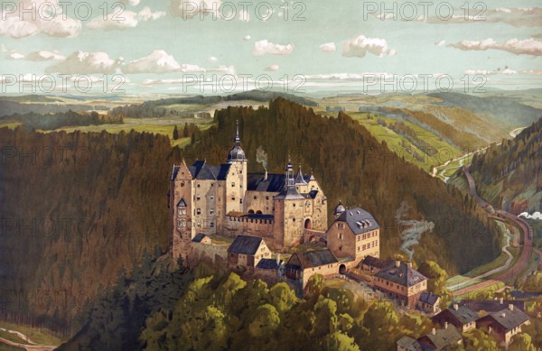 Lauenstein Castle in the Franconian Forest, Upper Franconia, Bavaria, Germany, authentic reproduction of a school mural, historic, around 1900