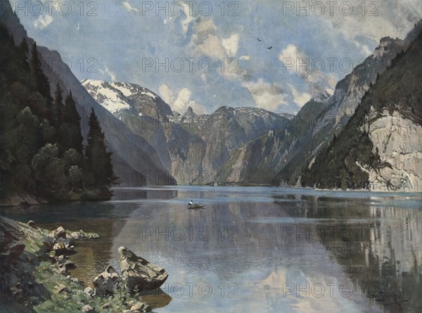 Fjord in mountain landscape in Norway, authentic reproduction of a school mural, historic, around 1900