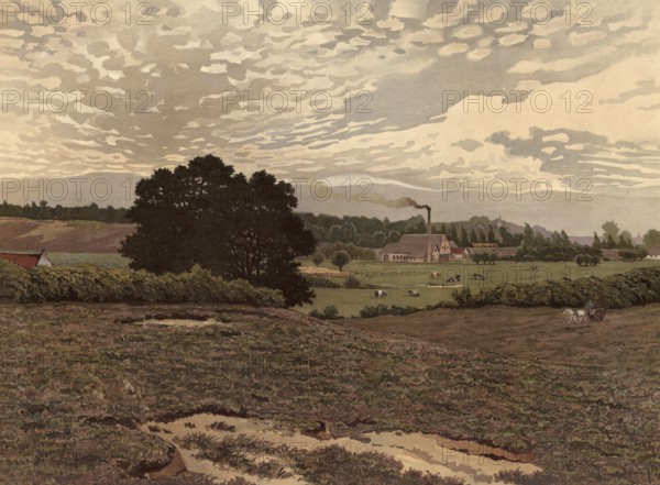 Rural scene near Velume, in the province of Gelderland, Netherlands, Holland, authentic reproduction of a school mural, historic, around 1900