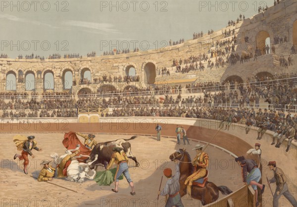 Bullfighting in Spain, authentic reproduction of a school mural, historical, around 1900