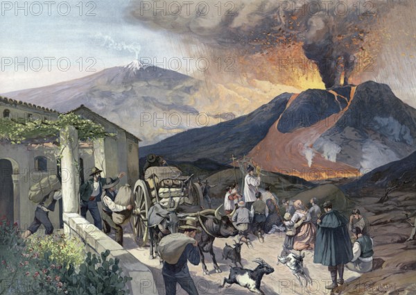 Eruption of Etna, Etna, in Sicily, people flee or pray, Italy, authentic reproduction of a school mural, historical, around 1900