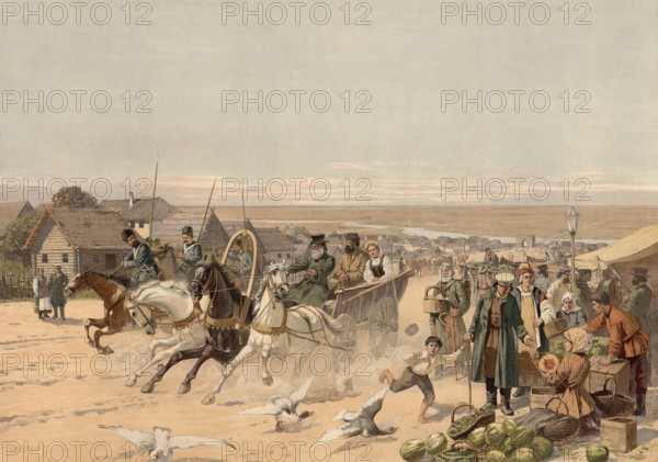 Market scene with carriage, three-wheeled troika, in a village in the steppe of southern Russia, authentic reproduction of a school mural, historical, around 1900