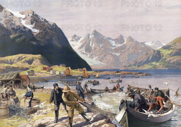 Herring fishermen on the coast of Norway, authentic reproduction of a school mural, historical, around 1900