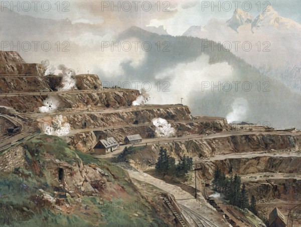 Quarry, ore mine, authentic reproduction of a school mural, historical, around 1900