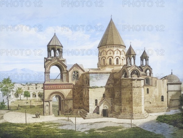 Etchmiadzin Cathedral is an Armenian Apostolic Church. It is located in the Armenian province of Armavir in the city of Vagharshapat, which is located about 20 km west of Yerevan, Armenia, authentic reproduction of a school mural, historical, around 1900