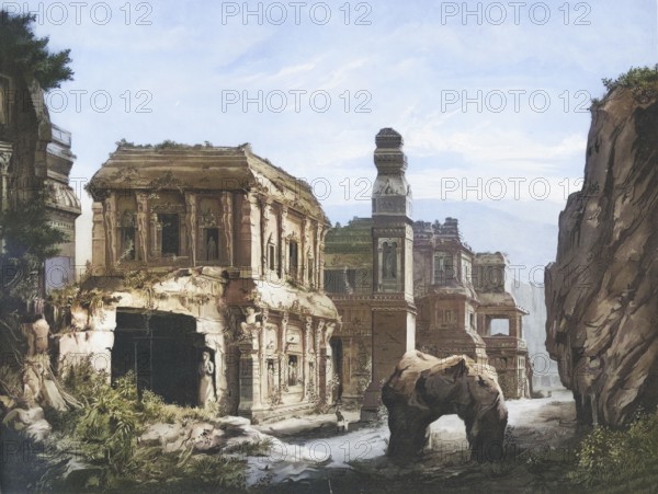 Ellora Caves in the State of Maharastra, complex of 34 Buddhist, Hindu and Jain cave temples, India, authentic reproduction of a school mural, historic, around 1900