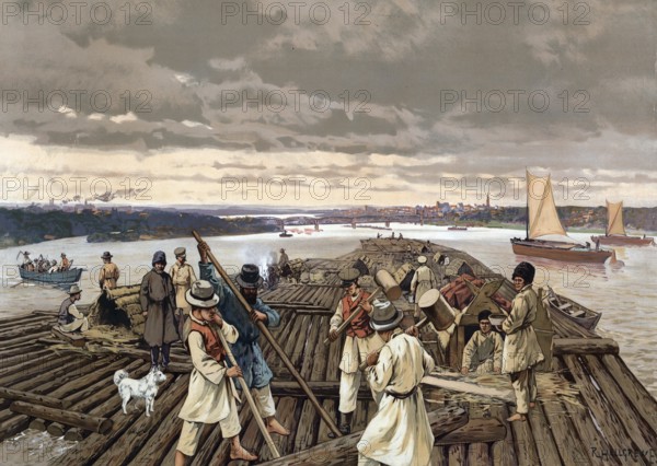 Wood rafting on the Vistula near Thorn, today Poland, authentic reproduction of a school mural, historic, around 1900