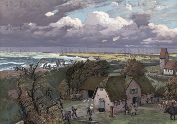 North Sea dike during storm surge, Germany, authentic reproduction of a school mural, historical, around 1900