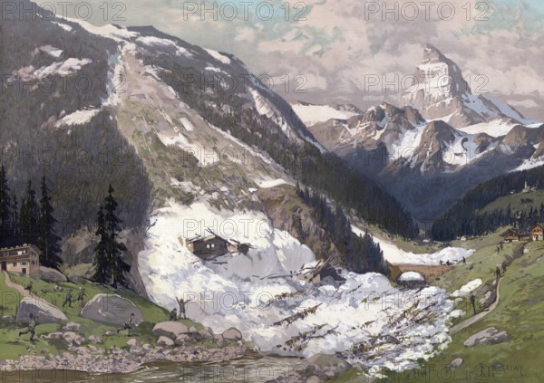 Avalanche in the Alps destroyed houses, Germany, authentic reproduction of a school mural, historic, around 1900