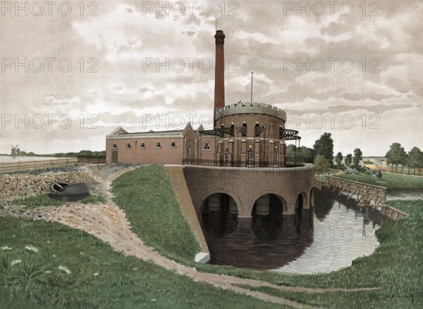 The De Cruquius pumping station from 1849 is one of three historic steam pumping plants used to drain the Haarlemmermeerpolder in the Dutch province of North Holland, Holland, the Netherlands, authentic reproduction of a school mural, historic, around 1900