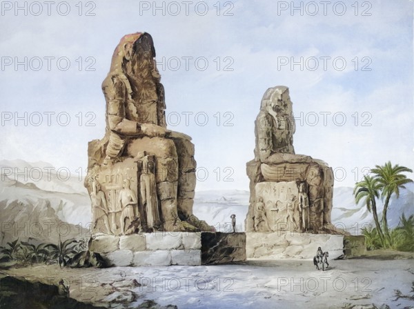 Colossi of Memnon, el-Colossat, es-Salamat, two ancient Egyptian colossal statues standing side by side from the 14th century BC They are located in the Nile Valley not far from the Valley of the Kings in West Thebes, Egypt, authentic reproduction of a school mural, historical, around 1900
