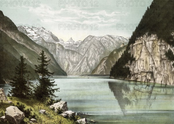 The KÃ¶nigssee, mountain lake in the municipality of SchÃ¶nau am KÃ¶nigssee in the Berchtesgadener Land district, Bavaria, Germany, authentic reproduction of a school wall painting, historical, around 1900
