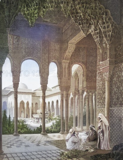 The Lion's Court in the Alhambra in Grenada, Andalusia, Spain, authentic reproduction of a school mural, historic, around 1900
