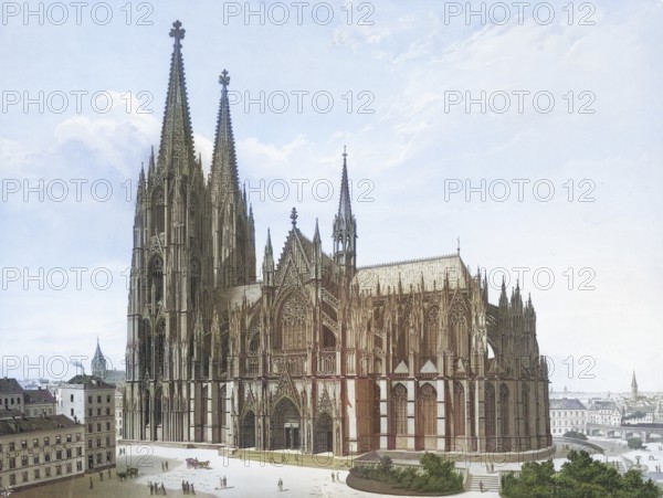 Cologne Cathedral, Hohe Domkirche zu KÃ¶ln, North Rhine-Westphalia, Germany, authentic reproduction of a school mural, historic, around 1900