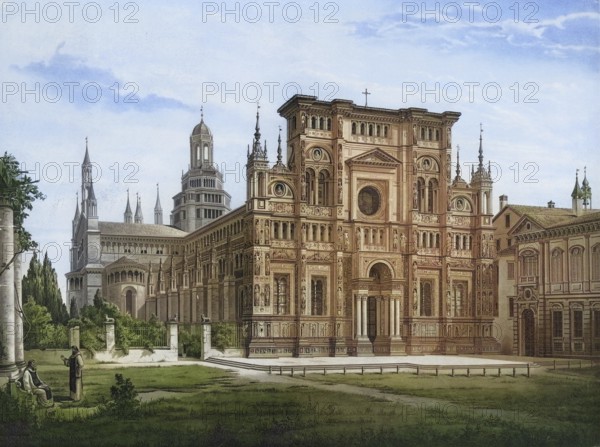The Certosa di Pavia is a monastery originally built for the Carthusian Order in the municipality of Certosa di Pavia in the Italian province of Pavia, Lombardy region, Italy, authentic reproduction of a school mural, historic, around 1900