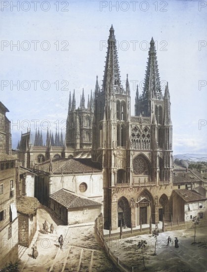 Burgos Cathedral in Spain, authentic reproduction of a school mural, historic, around 1900
