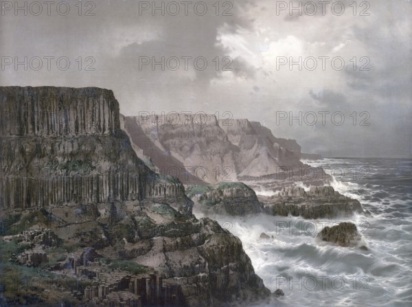 Giant's Causeway, consists of approximately 40, 000 uniformly shaped basalt columns, whose age is around 60 million years, Antrim, Northern Ireland, authentic reproduction of a school mural, historic, around 1900