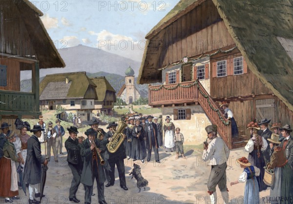 Wedding parade in the Black Forest, Germany, authentic reproduction of a school mural, historical, around 1900
