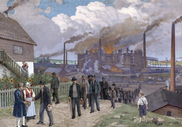 Industrial plants, workers on their way from the factory, smoking chimneys, North Rhine-Westphalia, Germany, authentic reproduction of a school mural, historic, around 1900