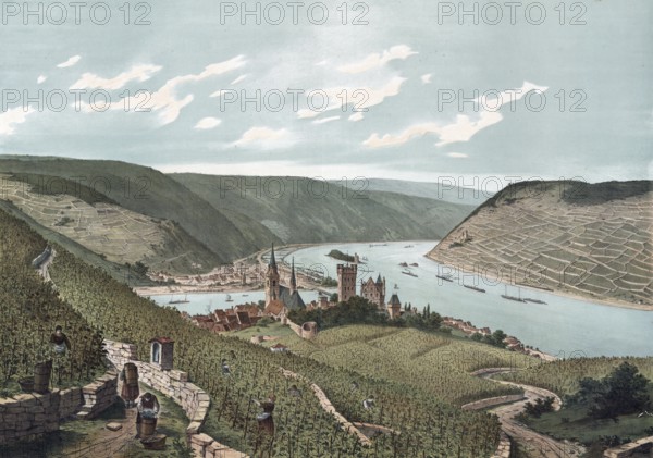 The Rhine breakthrough near Bingen and the Rheingau, Rhineland-Palatinate, Germany, authentic reproduction of a school mural, historical, around 1900