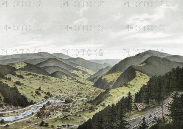Landscape in the Black Forest, type of the Upper Rhine mountain system, Baden-WÃ¼rttemberg, Germany, authentic reproduction of a school mural, historical, around 1900