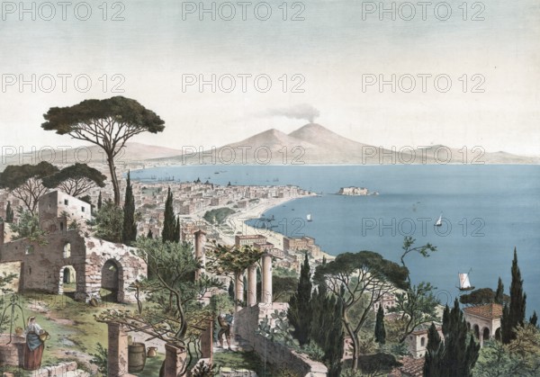 Gulf of Naples and Mount Vesuvius, Campania, Italy, authentic reproduction of a school mural, historic, around 1900