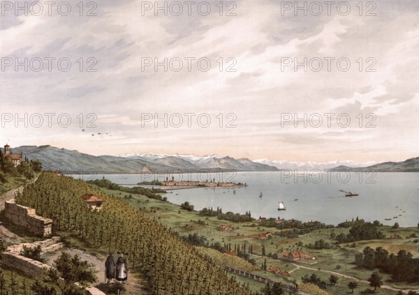 Lake Constance with a view of Lindau, Bavaria, Germany, authentic reproduction of a school mural, historic, around 1900