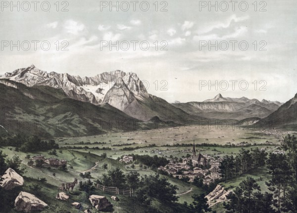 Wetterstein Mountains, Limestone Alps, Northern Limestone Alps mountain range in southern Germany and western Austria, authentic reproduction of a school wall painting, historic, around 1900