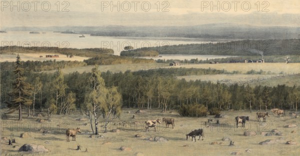 Savolax, Savo, Savolaine countryside known for its lake-rich nature and hilly, wooded areas. It is characterized by a harmonious mix of forests, fields, lakes with islands and traditional rural buildings, Finland, authentic reproduction of a school mural, historic, around 1900