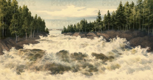 River landscape near Imatra, a town in southeastern Finland, authentic reproduction of a school mural, historic, around 1900