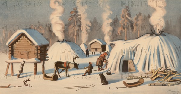 LappalaiskylÃ¤, a Lappy village or village of the Lapps, the Finnish name for the indigenous Sami people. Live traditionally in the northern regions of Scandinavia and Russia, particularly in Lapland, Finland, authentic reproduction of a school mural, historical, around 1900