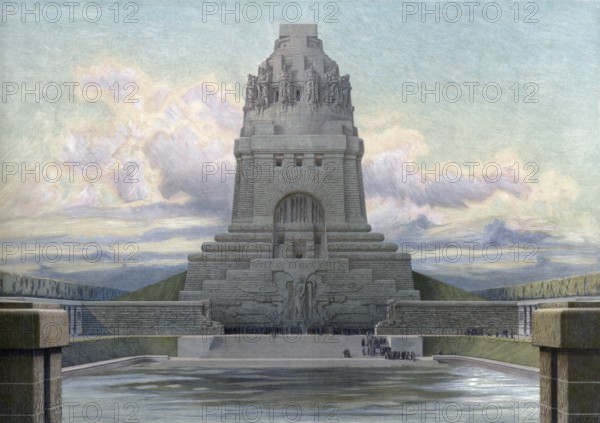 Monument to the Battle of Nations, one of Leipzig's most famous landmarks and Europe's highest monument with a height of 91 meters, Saxony, Germany, authentic reproduction of a school mural, historic, around 1900