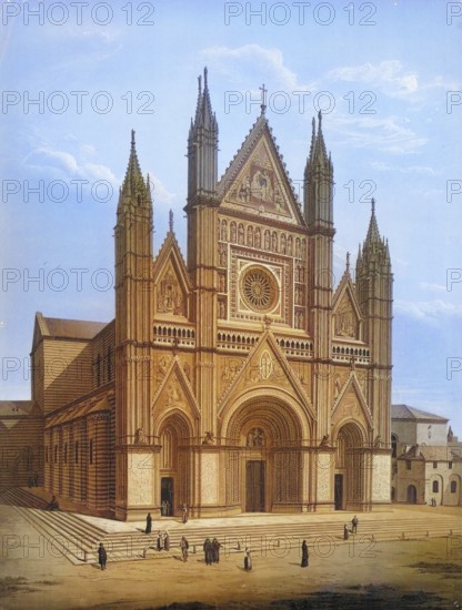 Orvieto Cathedral, Cattedrale di Santa Maria Assunta, Umbria, Italy, authentic reproduction of a school mural, historic, around 1900