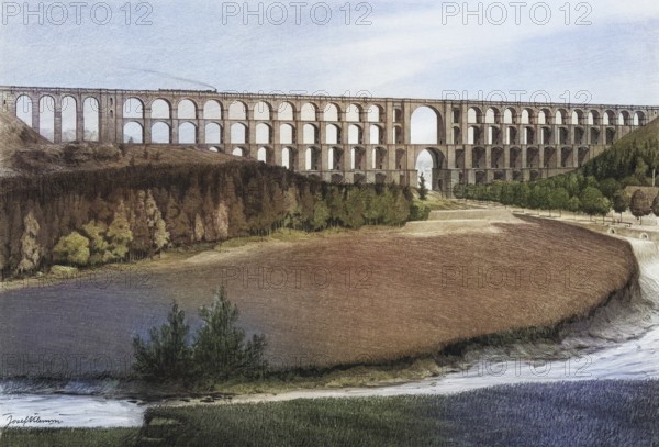 GÃ¶ltzsch Valley Bridge, railway bridge in the Vogtlandkreis district of Saxony. It is the largest brick bridge in the world, Saxony, Germany, authentic reproduction of a school mural, historic, around 1900