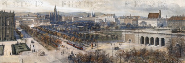 Panorama of Vienna, Austria, authentic reproduction of a school mural, historical, around 1900