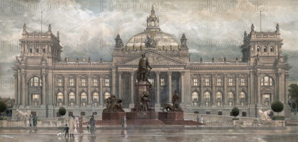 Reichstag building in Berlin, Germany, authentic reproduction of a school mural, historic, around 1900