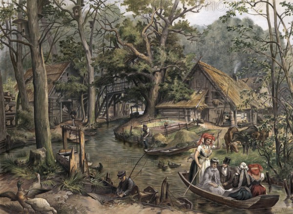 Boarding in the Spreewald, an extensive lowlands and a historic cultural landscape in the southeast of Brandenburg, Germany, authentic reproduction of a school mural, historic, around 1900