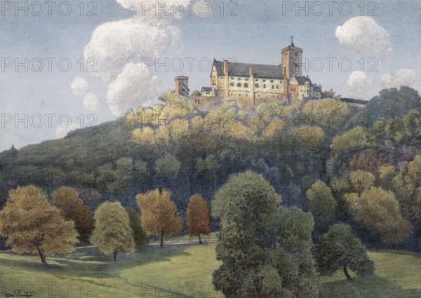 Wartburg, castle near Eisenach, in the northwestern Thuringian Forest in Thuringia, Germany, authentic reproduction of a school wall painting, historic, around 1900