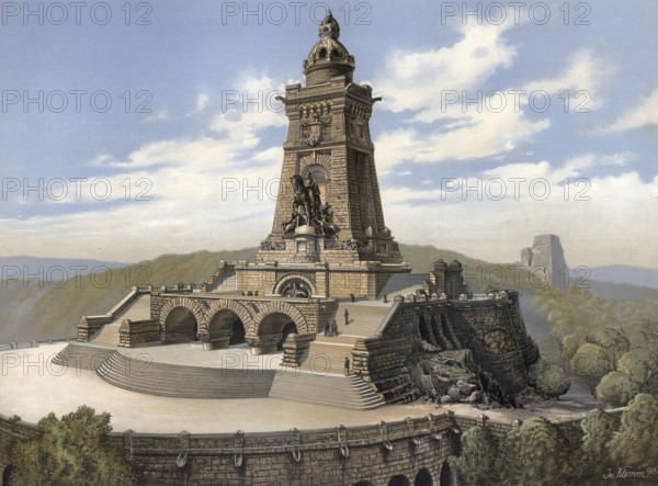 KyffhÃ¤user Memorial, Kaiser Wilhelm Memorial on the KyffhÃ¤user in Steinthaleben, KyffhÃ¤userland, was built from 1890 to 1896 by Bruno Schmitz and Emil Hundrieser in monumental style. The equestrian statue on a tower depicts the first German Emperor Wilhelm I accompanied by a Mars and a Minerva figure, Thuringia, Germany, authentic reproduction of a school mural, historical, around 1900