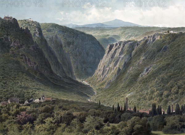 Landscape in the Harz Mountains, Bode Valley, the ten-kilometre-long gorge-like valley section of the Bode between Treseburg and Thale, Saxony-Anhalt, Germany, authentic reproduction of a school wall painting, historic, around 1900