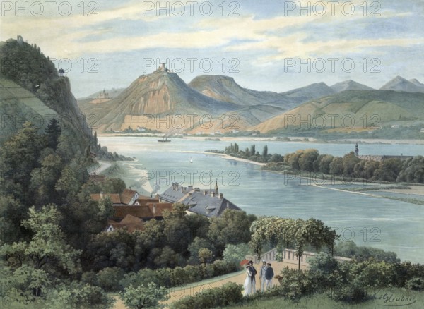 Siebengebirge, volcanic low mountain range on the right bank of the Rhine, North Rhine-Westphalia, Germany, authentic reproduction of a school mural, historic, around 1900