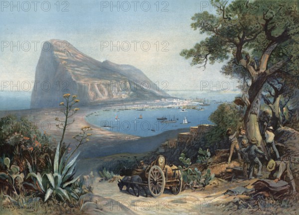 Gibraltar, seen from the mainland, in the foreground farmer with cart, authentic reproduction of a school mural, historic, around 1900