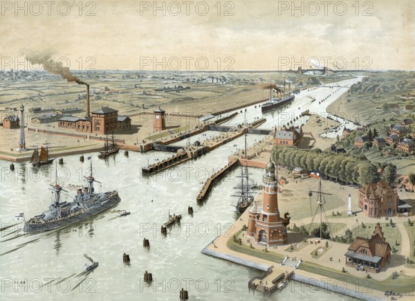 Kaiser Wilhelm Canal, Kiel Canal connects the North Sea with the Baltic Sea, Germany, authentic reproduction of a school mural, historic, around 1900