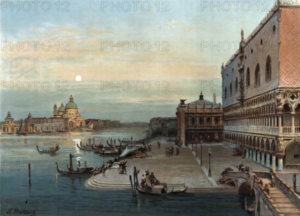 Evening in Venice, Veneto, Italy, authentic reproduction of a school mural, historical, around 1900