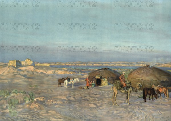 Steppe landscape in Kyrgyzstan, yurts, people, Central Asia, authentic reproduction of a school mural, historical, around 1900, nomadic scene in the desert with yurts and horses under a wide sky
