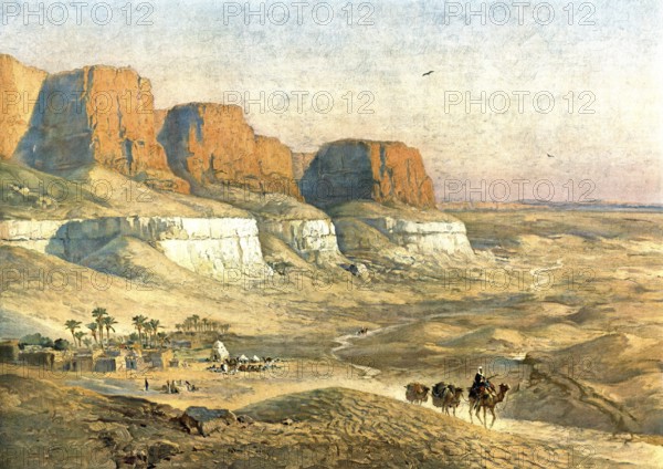Bedouin with camels in the Sahara desert, Algeria, authentic reproduction of a school mural, historic, around 1900